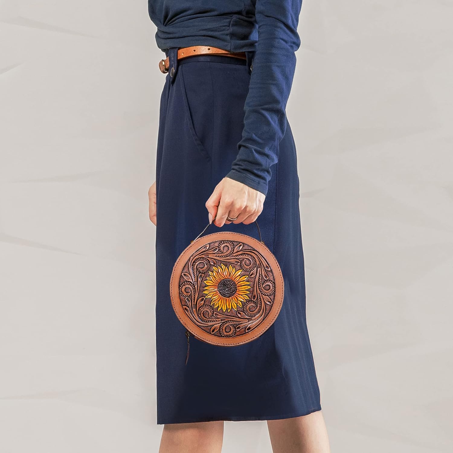 RAW HYD Leather Sunflower Crossbody Bag for Women – Hand-Stitched Boho Western Purse – Adjustable Strap, Convertible Shoulder or Top-Handle – Everyday Cowgirl Bag for Travel, Shopping & Casual Wear - Image 8