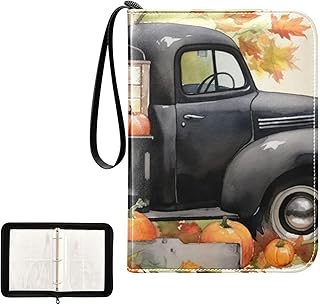 Pumpkin Fall Truck Waterproof Trading Card Binder,400-Pocket Trading Album Display Holder,Display Case with Card Sleeves Set for Soccer Card,Gaming Cards,and Other TCG 2011572