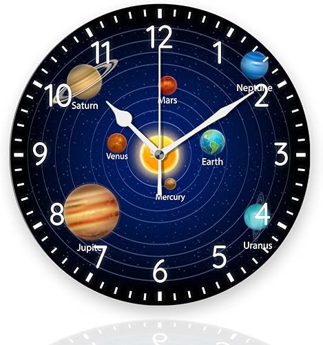 Tiawutal Relojes de pared a pilas de 12 pulgadas, sistema solar, decoración silenciosa del hogar para baño, sala de estar, dormitorio