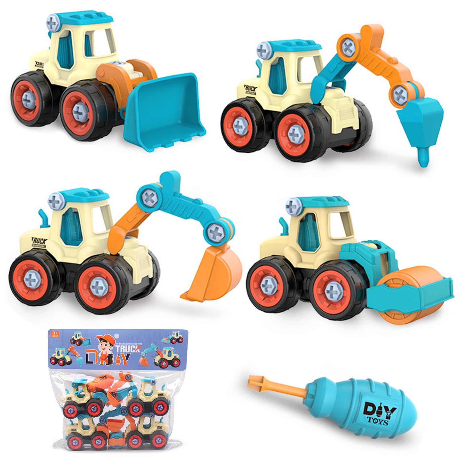 XIATIAN 4 in 1 Construction Vehicles Digger Toys Set, Take-Apart Construction Vehicles Toys Set including Screwdriver