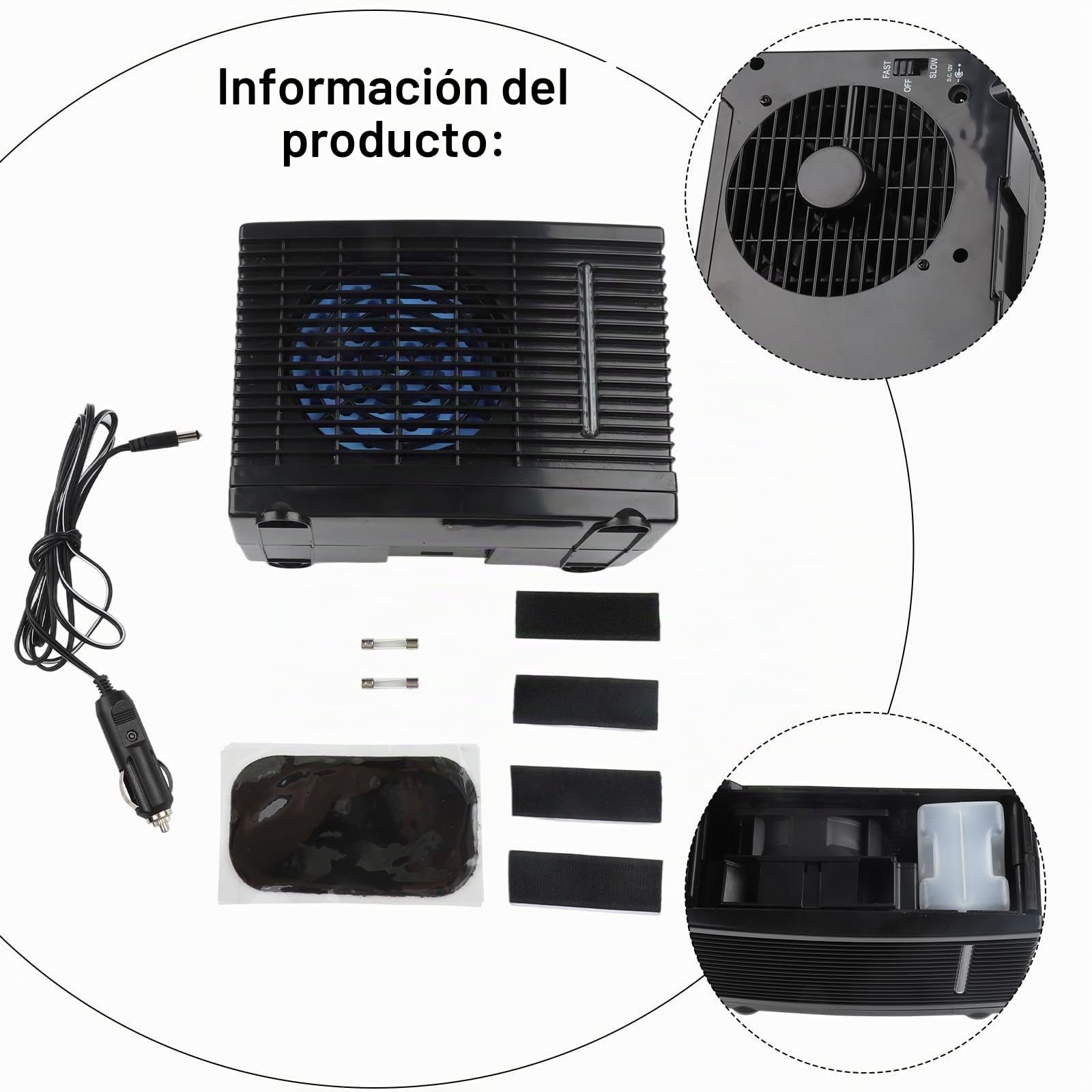 Ventilador enfriador portátil para coche, aire acondicionado con refrigeración evaporativa de agua y hielo ajustable, bajo ruido, 3-5 horas de tiempo de funcionamiento para vehículo