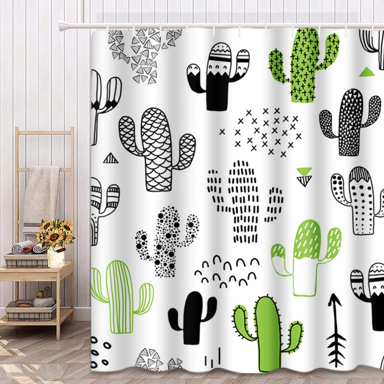 Shower Curtain Black Desert Cute Hand Drawn with Cactus Hipster Geometric Waterproof Polyester Fabric 72 x 72 inches Set with Hooks