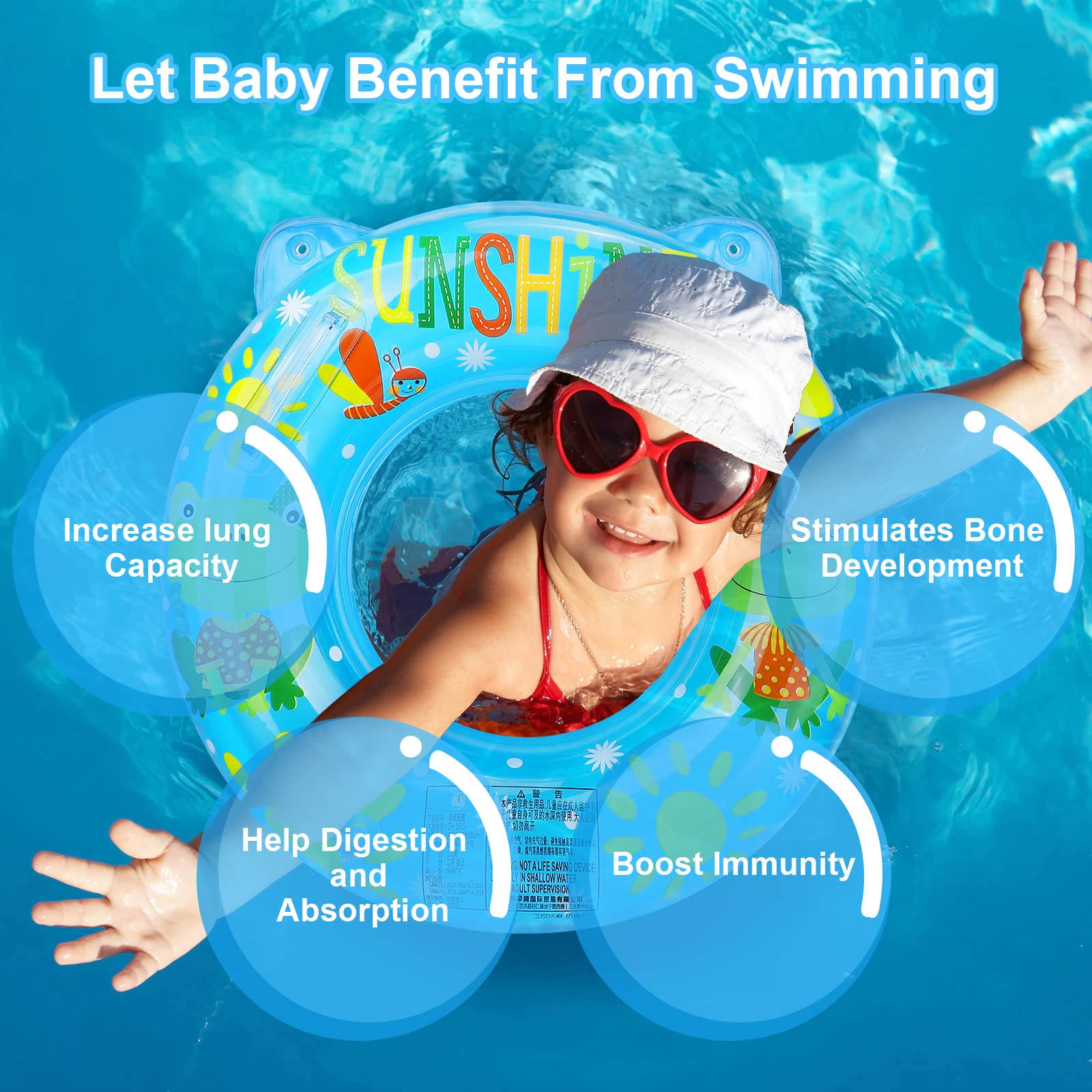 Anello di Nuoto del Fumetto, Salvagente Neonato Galleggiante Gonfiabile del Bambino Dell'anello di Nuoto del Bambino Baby Float Salvagente con Seggiolino and Gonfiatore Bambini Piscina Giocattolo,Blu