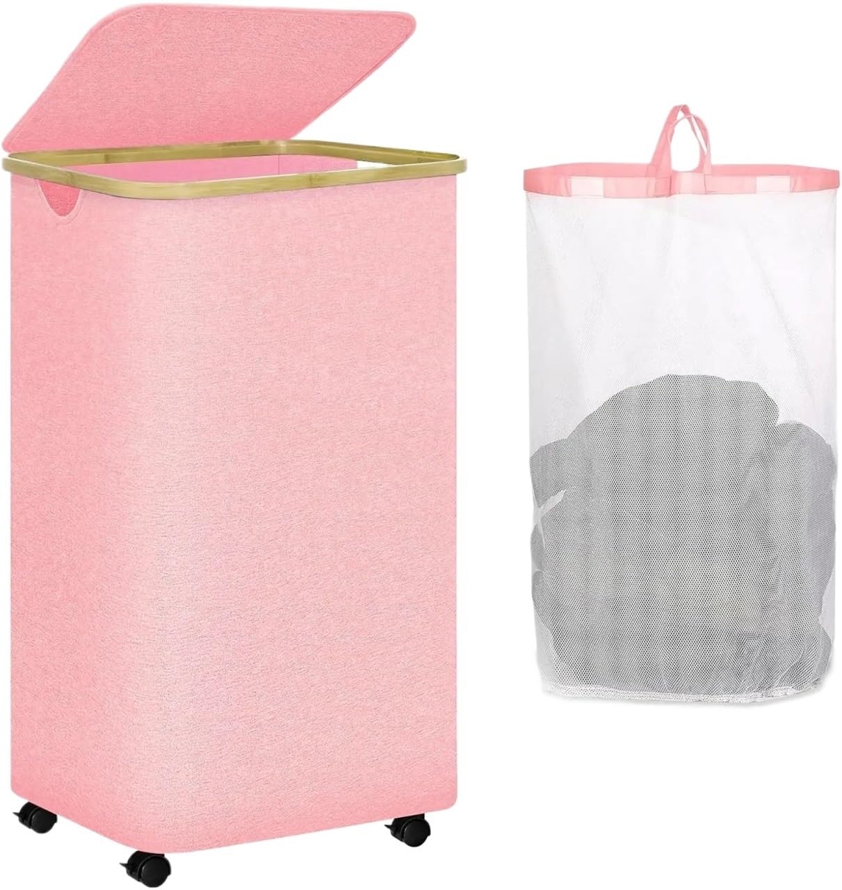 Panier à linge pliable rose grand modèle roulant avec couvercle et sac amovible