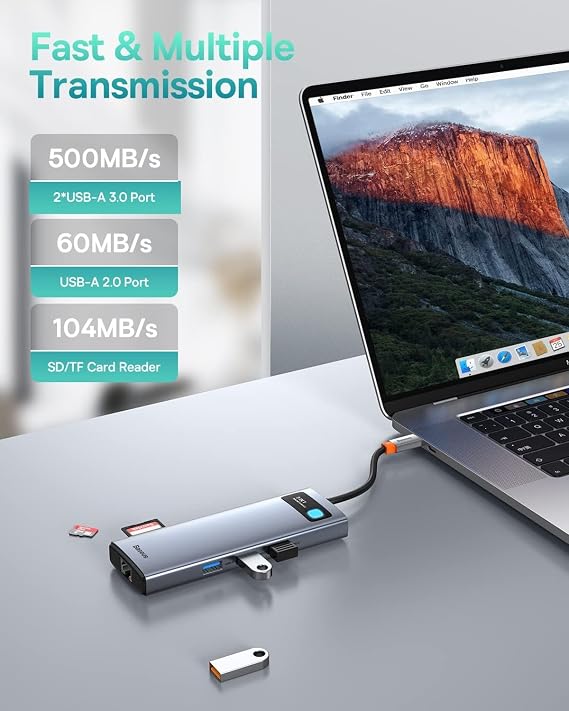 Baseus Laptop Docking Station Dual Monitor 9 in 1 USB C Hub up to 4K@120Hz with 2 HDMI, 1000Mbps LAN, Max 85W PD, 3 USB, SD Card Reader,USB C Dock Compatible with iPhone/Mac/Dell/HP/Surface/Steam Deck