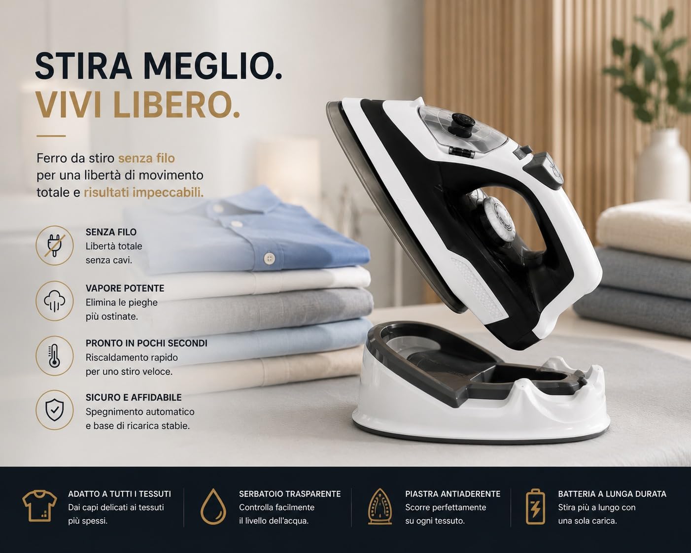 Ferro da Stiro a Vapore 1600 W senza fili Ferro da Stiro per Vestiti, Spegnimento Automatico, Autopulente, Quattro Impostazioni di Temperatura, Riscaldamento Rapido, Antigoccia