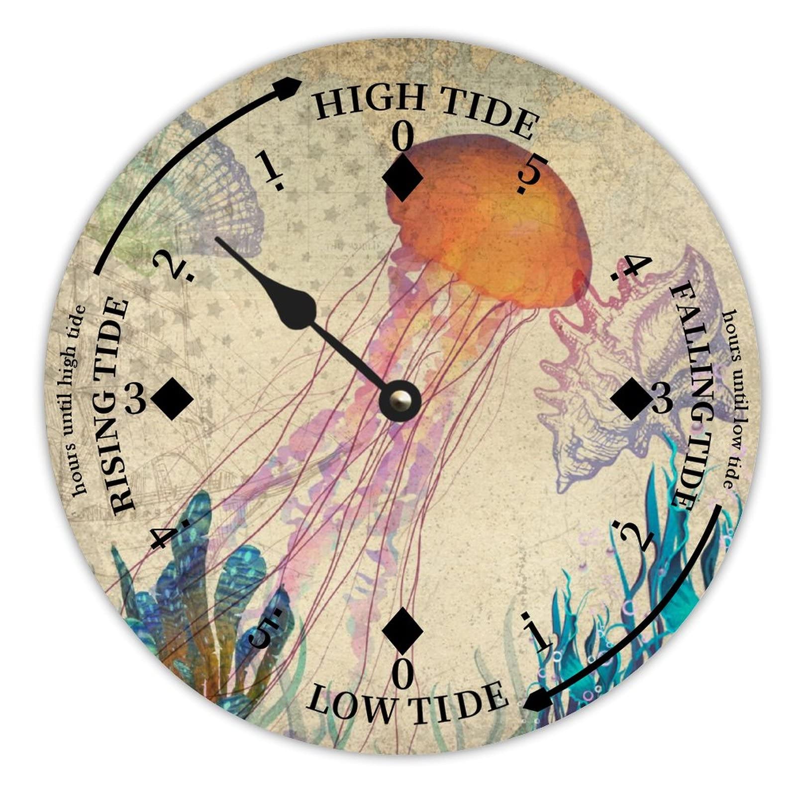 LUIJORGY Ocean Sea Jellyfish Tide Clock Silent Non-Ticking Battery Operated Wooden Moon Tidal Clock Wood Wall Art Nautical Tide Movement Clock for Restaurant Living Room Home Decor 15 Inch