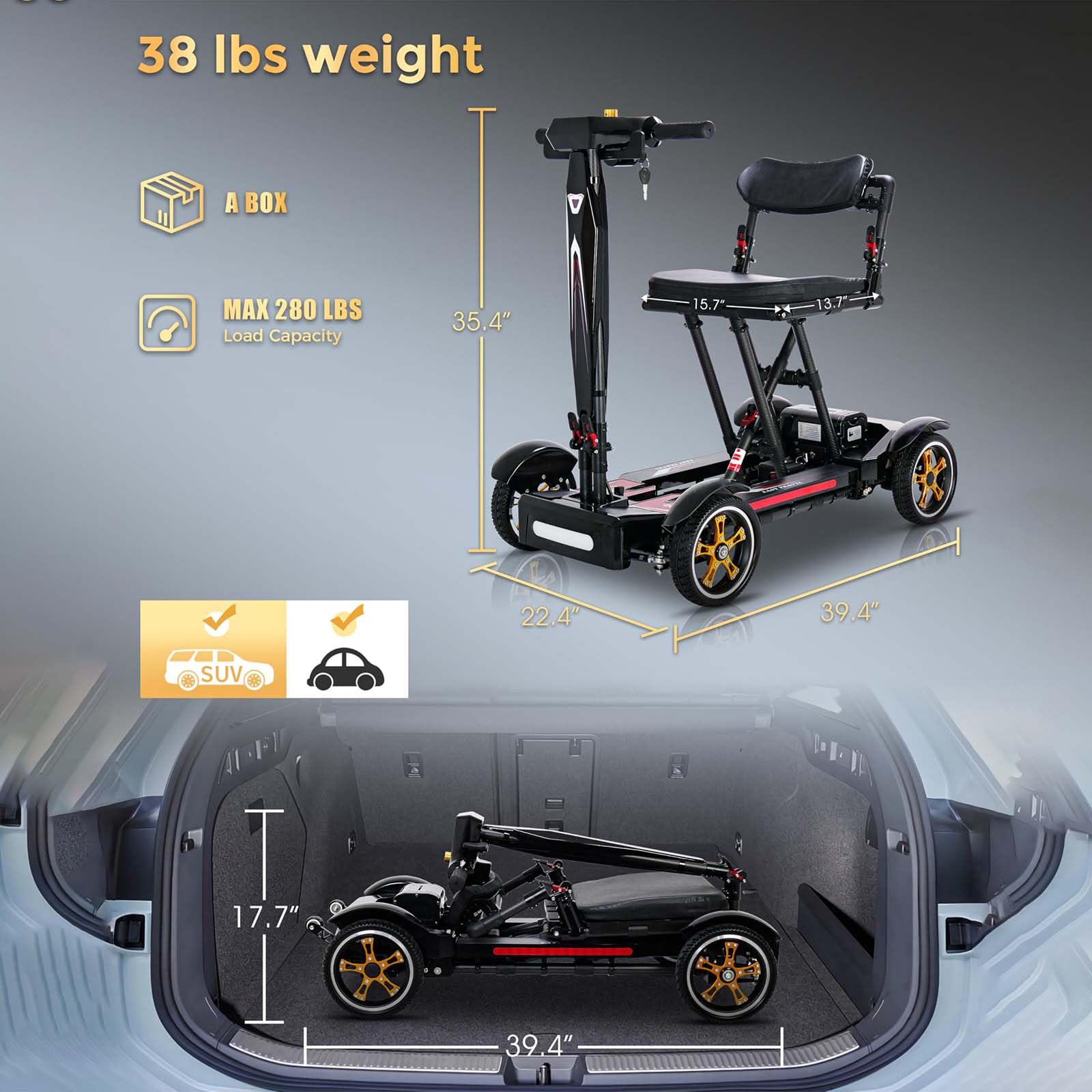 Scooter De Movilidad Plegable,Scooter De 4 Ruedas, Scooter De Viaje Portátil, para inválidos y Mayores - Batería de Larga duración, con Asiento Y Cesta,Negro
