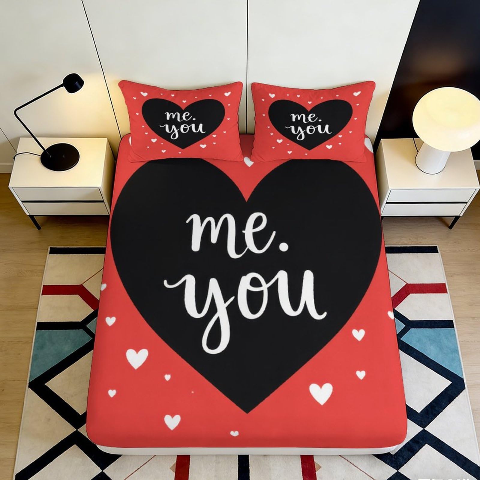 3D Printed Romantic Heart Fitted Sheet Microfiber Non-Slip Deep Pocket Bedroom Bedding for Couples Love Mattress Fitted Cover Washable 90x200x25cm
