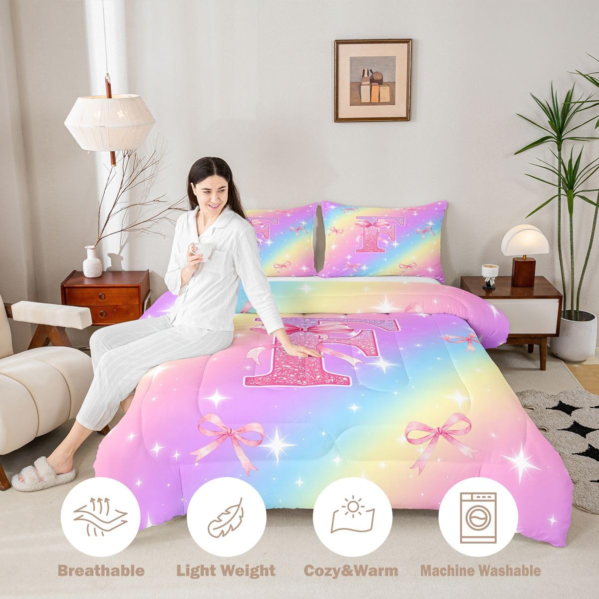 Homewish Juego de edredón con monograma inicial tamaño King, decoración de habitación, juego de ropa de cama con lazo rosa, arcoíris pastel, purpurina y coqueta, juego de edredón personalizado con