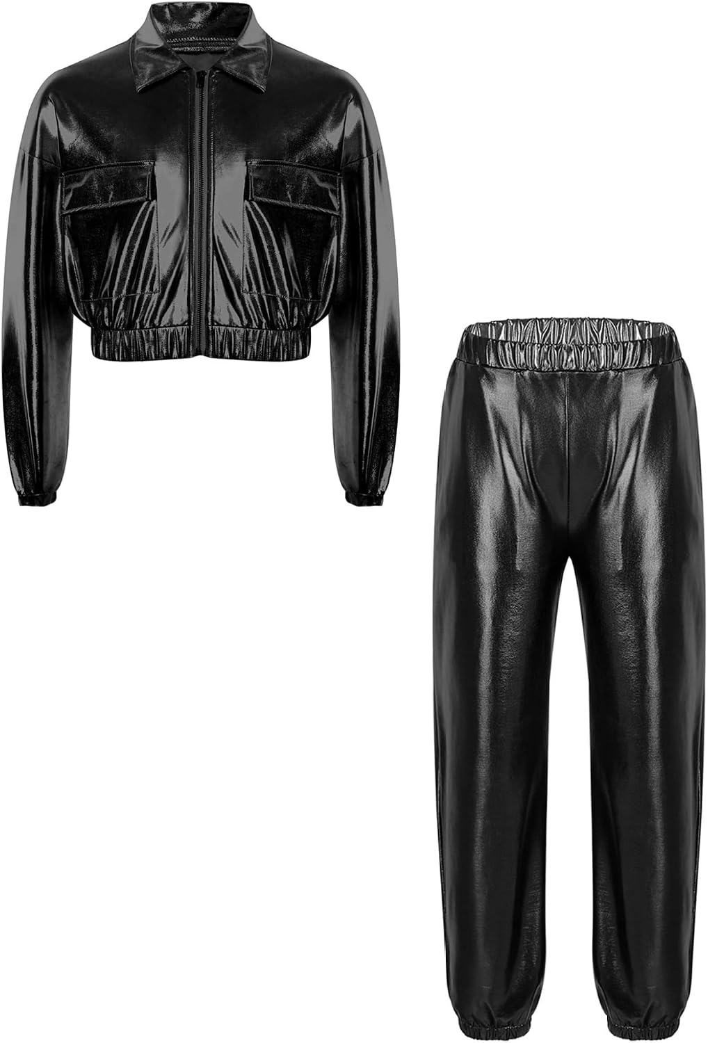 Boys Girls 2 Pcs Shiny Metallic Hip Hop Jazz Dance Outfits Sequin Bomber Jacket with Sweatpants Set Streetwear