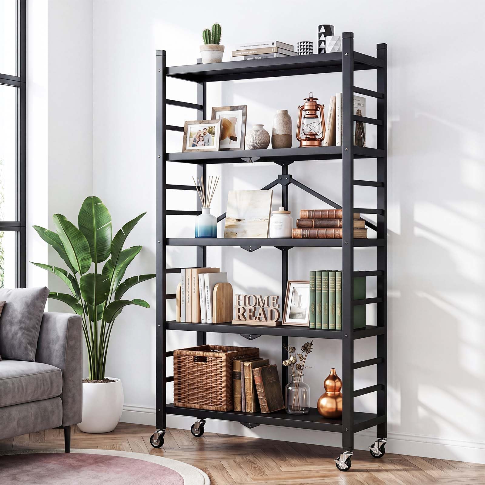 WUDLEP 5-Tier Heavy Duty Storage Shelves with Wheels, 156cm Hx71cm Wx34cm D