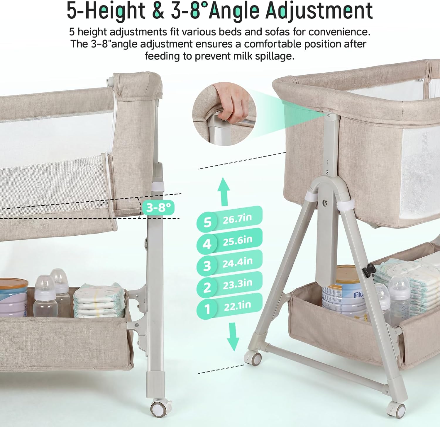 Cowiewie Bassinet Bedside Sleeper,3-in-1 Baby Bassinet with Mattress & Wheels,Easy Folding Portable Bedside Bassinet for Baby with Storage & Travel Bag,Breathable Mesh,Stable & Secure,Beige