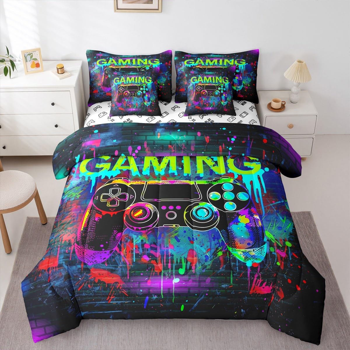 jejeloiu Gaming Comforter Set With Sheets 7 Piece Twin Size Teen Boy Room Decor Bed in a Bag Kids Boys Girls Game Console Bedding Set Controller Pattern Design Room Decor Colorful Modern Buttons Video