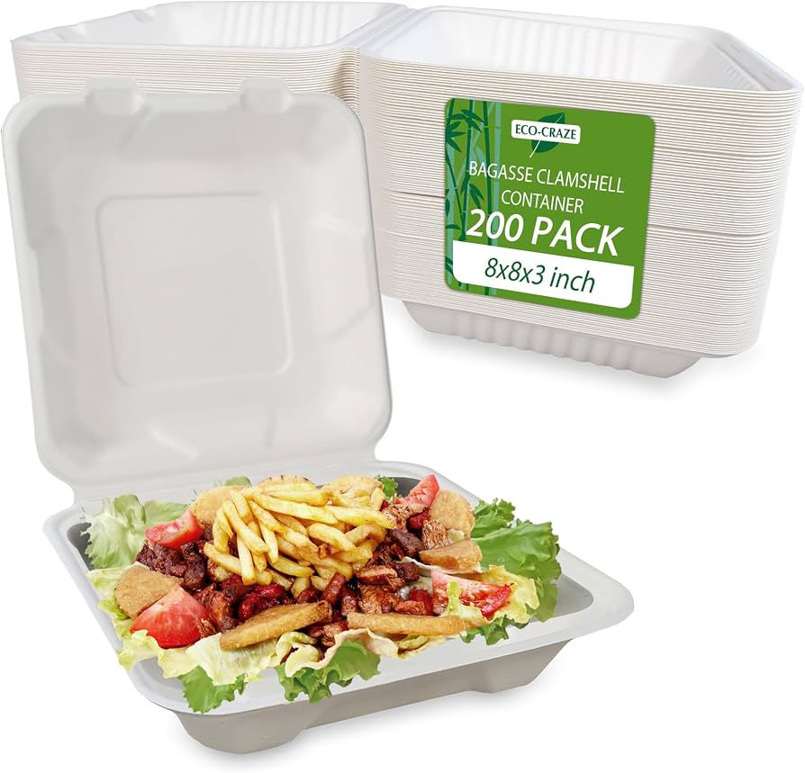 Eco-Craze (200 Count) (8x8x3 inch) Single Compartment Bagasse