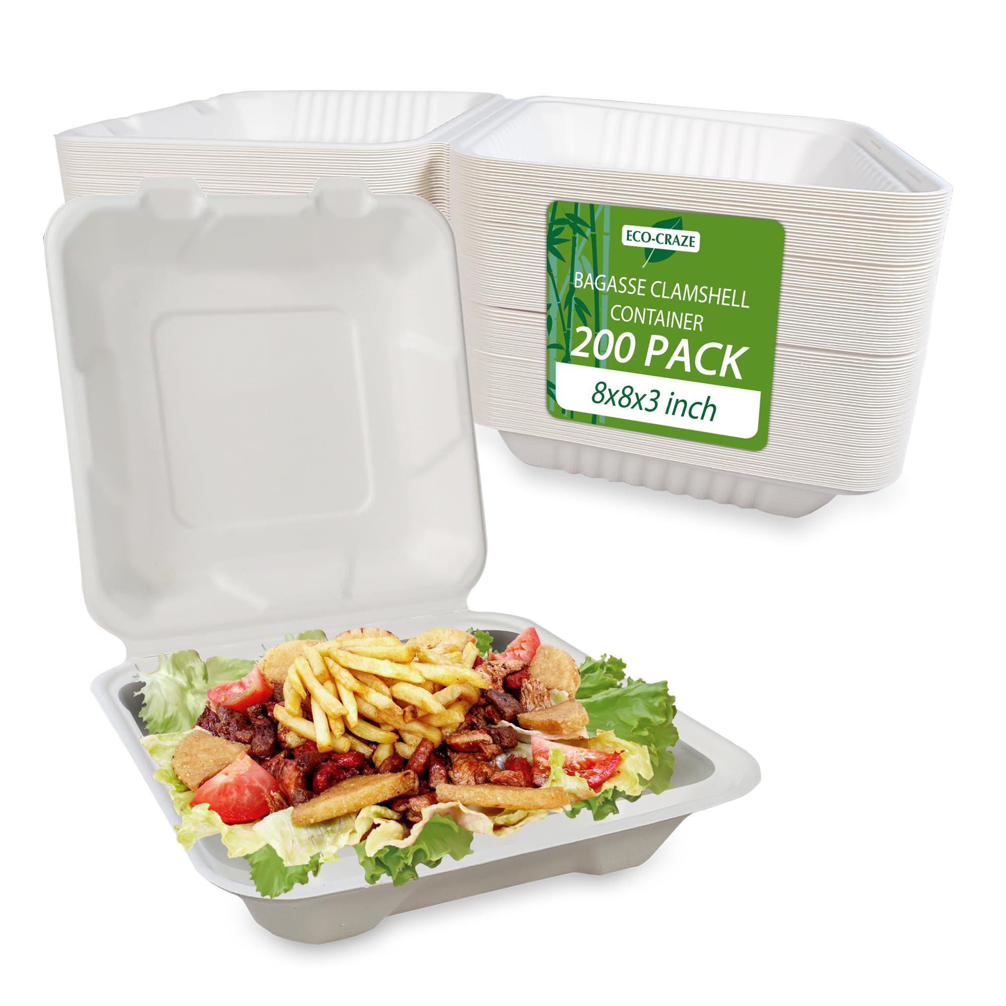 Eco-Craze (200 Count) (8x8x3 inch) Single Compartment Bagasse