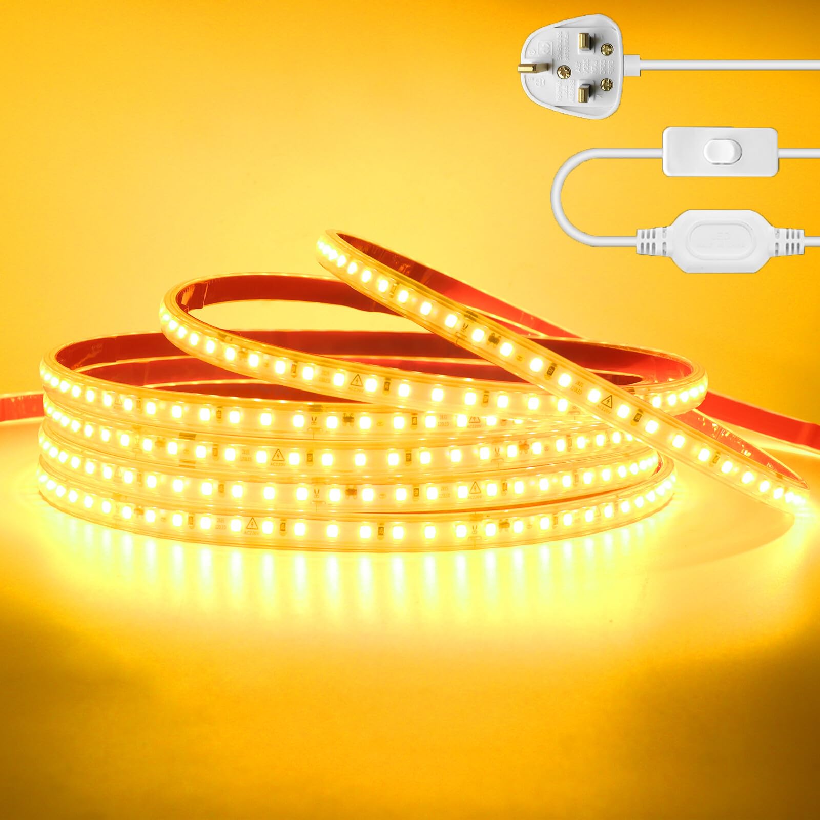 KAFULA 220V LED Strip Light with On/Off [19M,Yellow],IP65 Waterproof Flexible SMD2835 LED Fairy Lights CRI85+,Every 10cm can be Cut,Bedroom Kitchen Corridor Decoration
