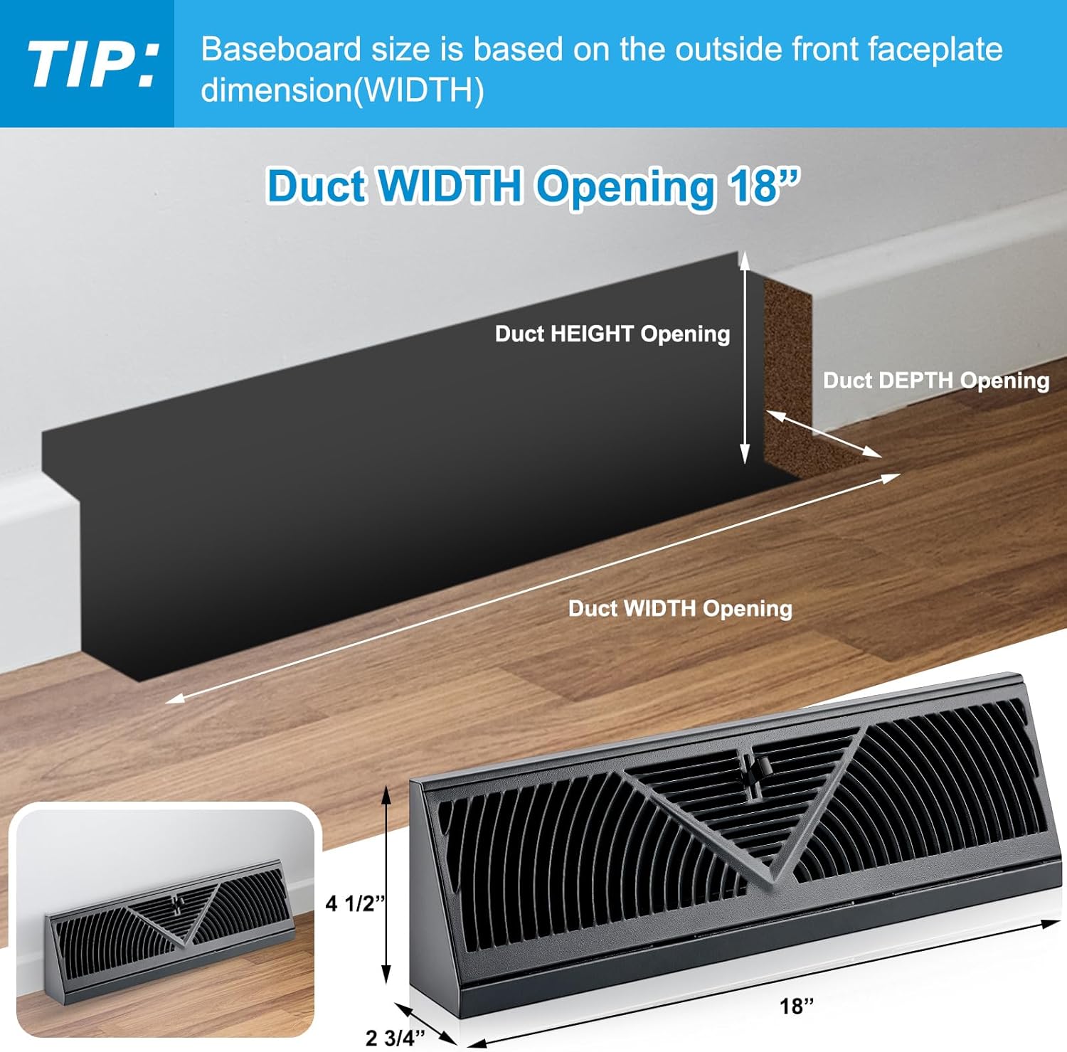 2 pack baseboard register vent 18 inch duct opening size vent covers for home floor diffuser wall corner baseboard air covers, smooth air adjust lever, easy install, dark gray 18 inch dark gray