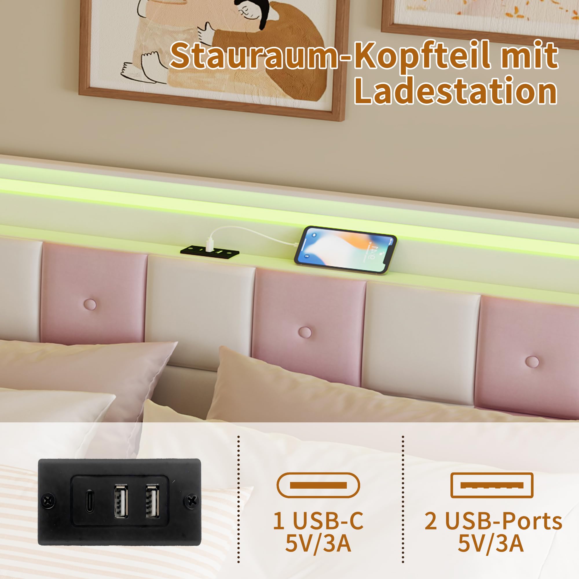 CDQL Łóżko tapicerowane 140 x 190 cm z 4 szufladami, zagłówek ze złączem USB i oświetleniem LED, podwójne łóżko ze stelażem, łóżko dla dziewczynki, łóżko funkcyjne, aksamitne, białe i różowe