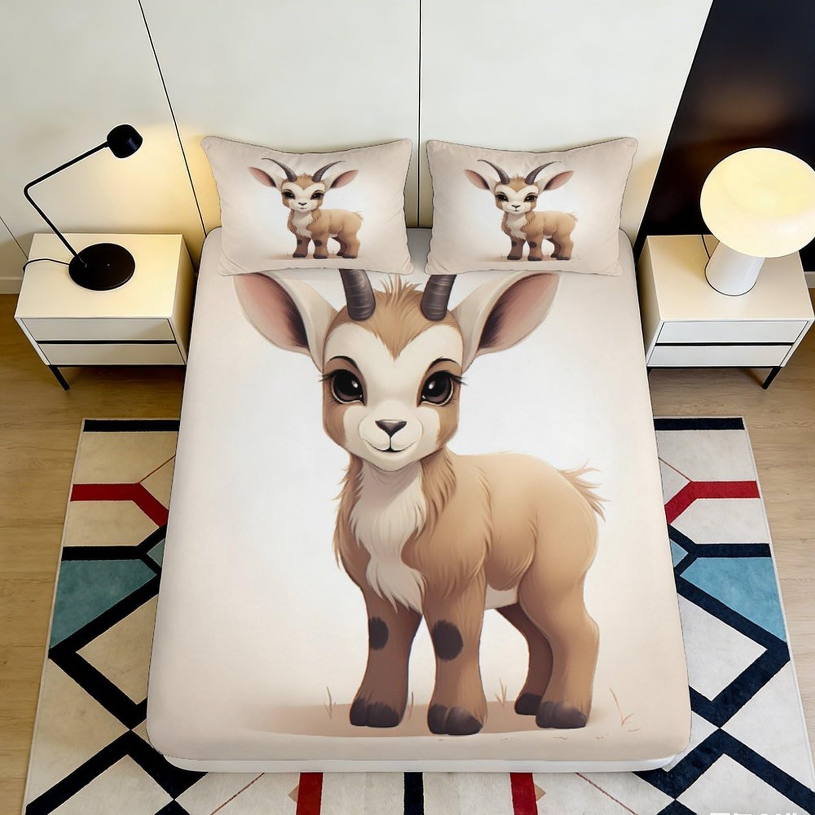 3D Printed Cute Goat Fitted Sheet Microfiber Beige Animal Art Mattress Cover for Bedroom Guest Room Decor 90x200x25cm