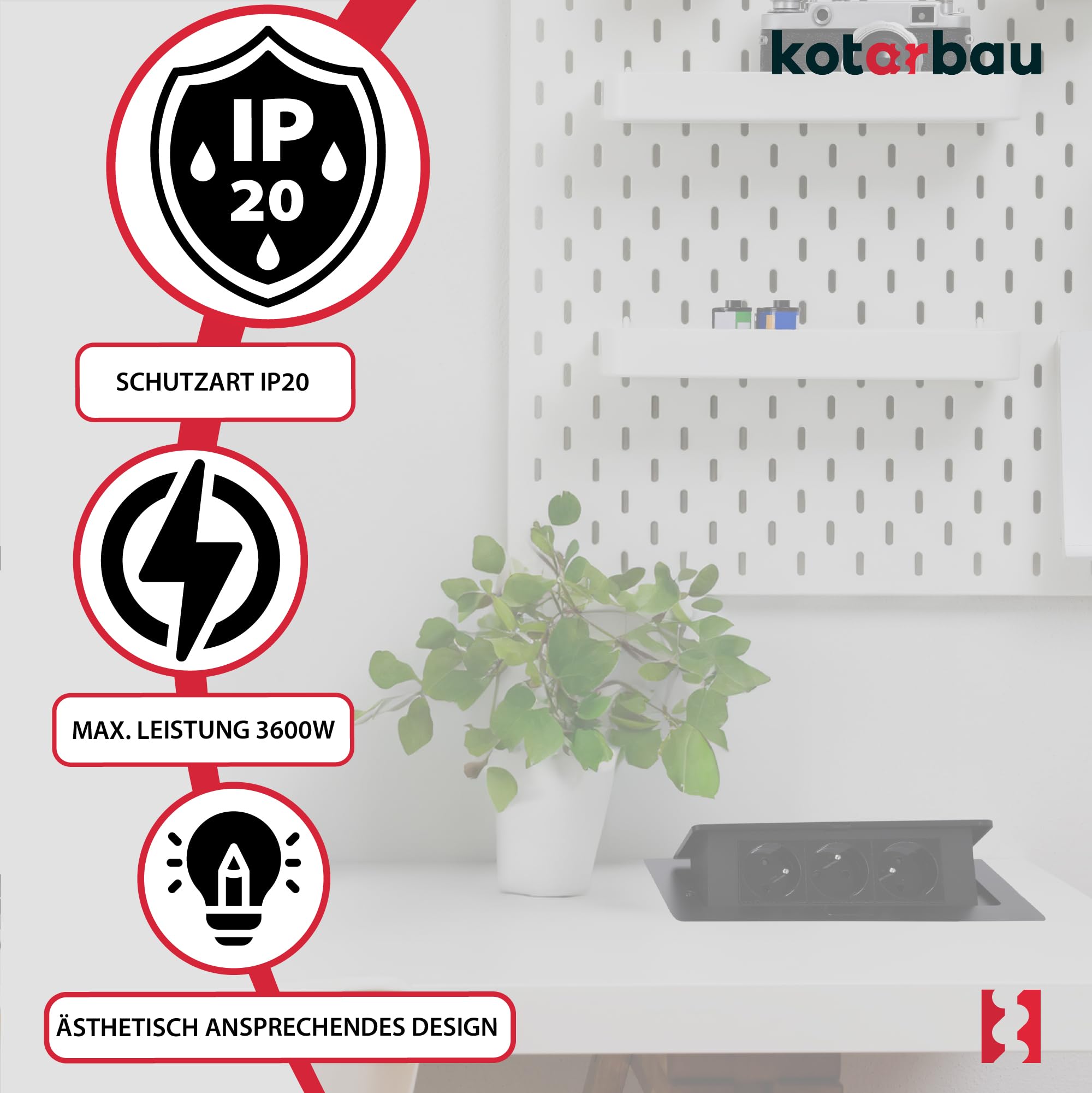 KOTARBAU® Toma de sobremesa empotrable con 3 enchufes, Regleta de Enchufe con Cable de 1,5 m, Toma múltiple para Mesa, Muebles o escritorios, Base múltiple para empotrar, Regleta retráctil, Negro