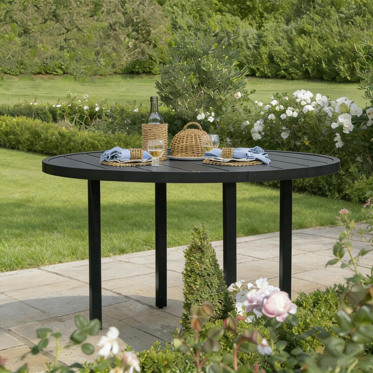 42" Round Outdoor Dining Table for 4, Metal Patio Dining Table with Umbrella Hole for Garden, Backyard and Deck, Black