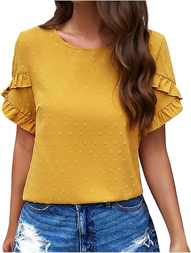 Womens White Blouse V Neck Ruffle Sleeve Flowy Shirts Dressy Casual Cute Summer 