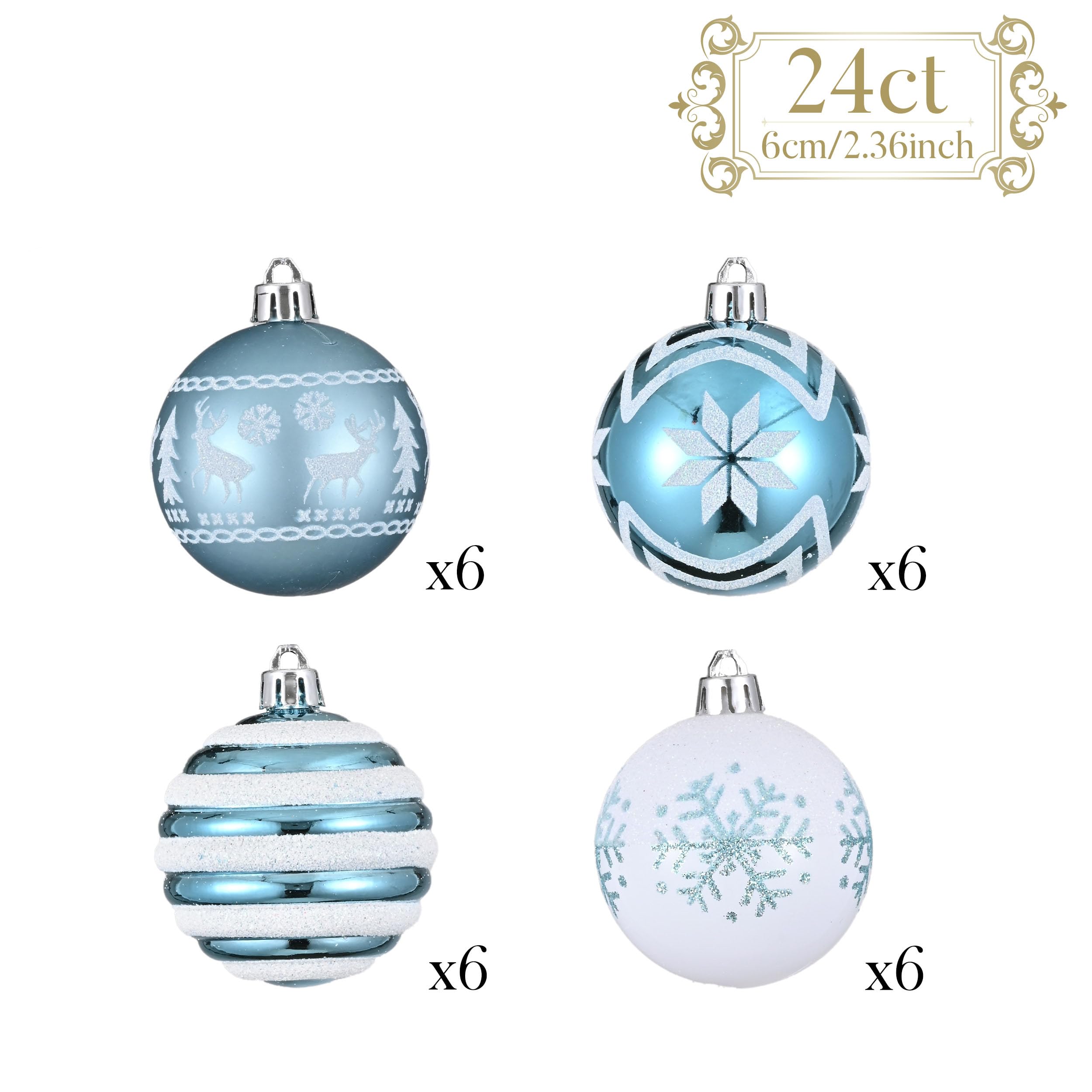 Valery Madelyn Lot de 24 boules de Noël incassables pour décoration de sapin de Noël Argenté et bleu 60 mm