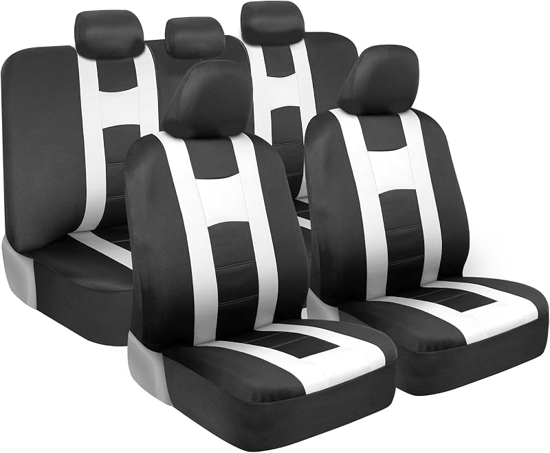 carXS Fundas de asiento para automóviles Juego completo, fundas de asiento de auto en blanco y negro con funda de banco trasero a juego, ajuste universal para la mayoría de los automóviles, camiones, furgonetas, SUV, protectores interiores para automóviles y accesorios para automóviles