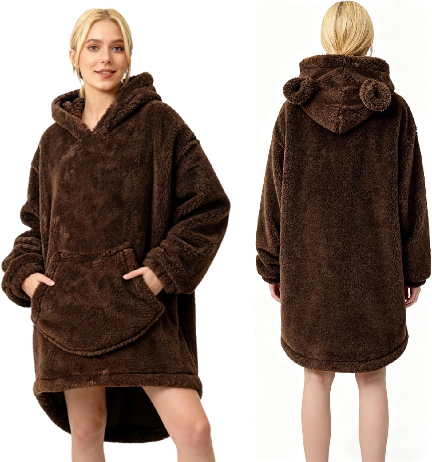 Fluffy Bear Blanket Hoodie with Ears for Women Men Wearable Hooded Blanket Winter Warm Sweatshirt Blanket