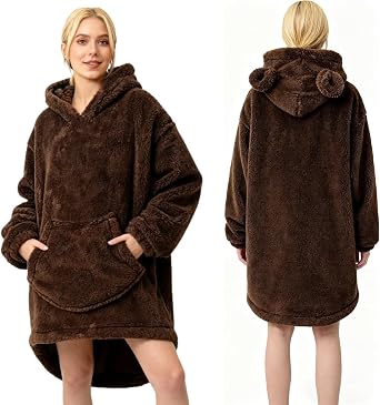 Fluffy Bear Blanket Hoodie with Ears for Women Men Wearable Hooded Blanket Winter Warm Sweatshirt Blanket