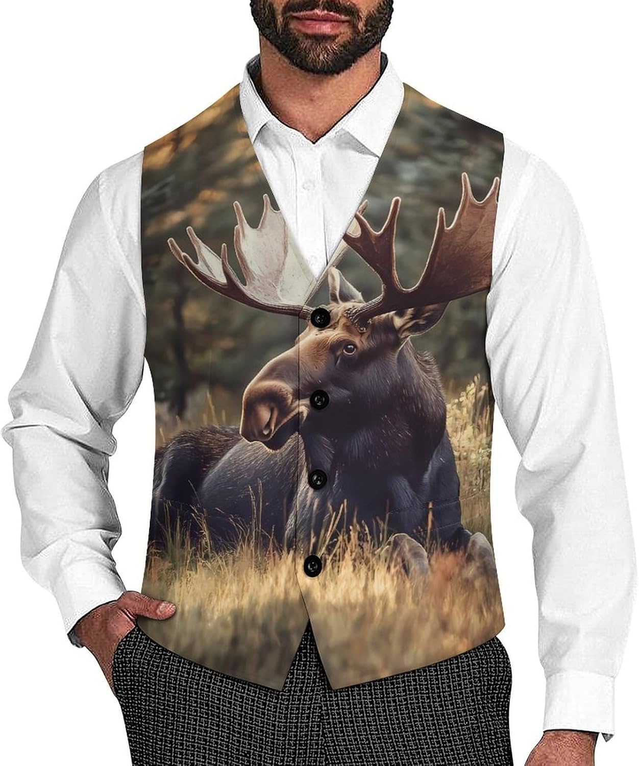 Canadian Moose in Forests Men's Formal Suit Vest Casual Business Waistcoat Slim Fit Vests for Wedding Prom 3X-Large
