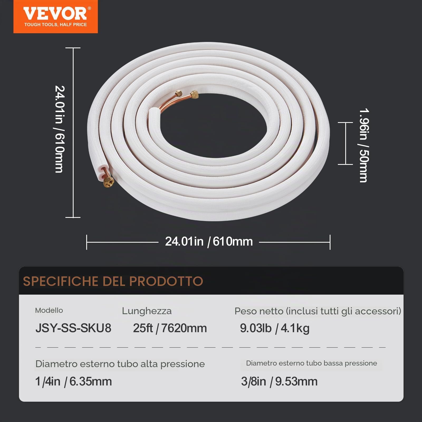 VEVOR Set Mini Split Line da 7620 mm, Tubi in Rame con Diametro Esterno 6,4 e 9,5 mm e Isolamento a Triplo Strato, Ricchi Accessori per Apparecchiature di Condizionamento Pompe Riscaldamento HVAC