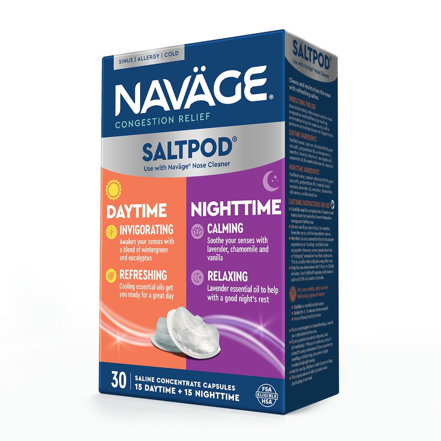 Navage Daytime Nighttime SaltPods 30-Packs 15 Each Variety - Salt Pod Refills Only - Exclusively Designed for The