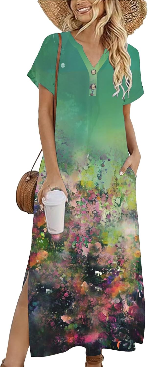 Zeagoo Summer Dresses for Women 2026 Maxi Dresses Vacation Sundress Short Sleeve Casual Sundresses Split Dress with Pockets - Image 5