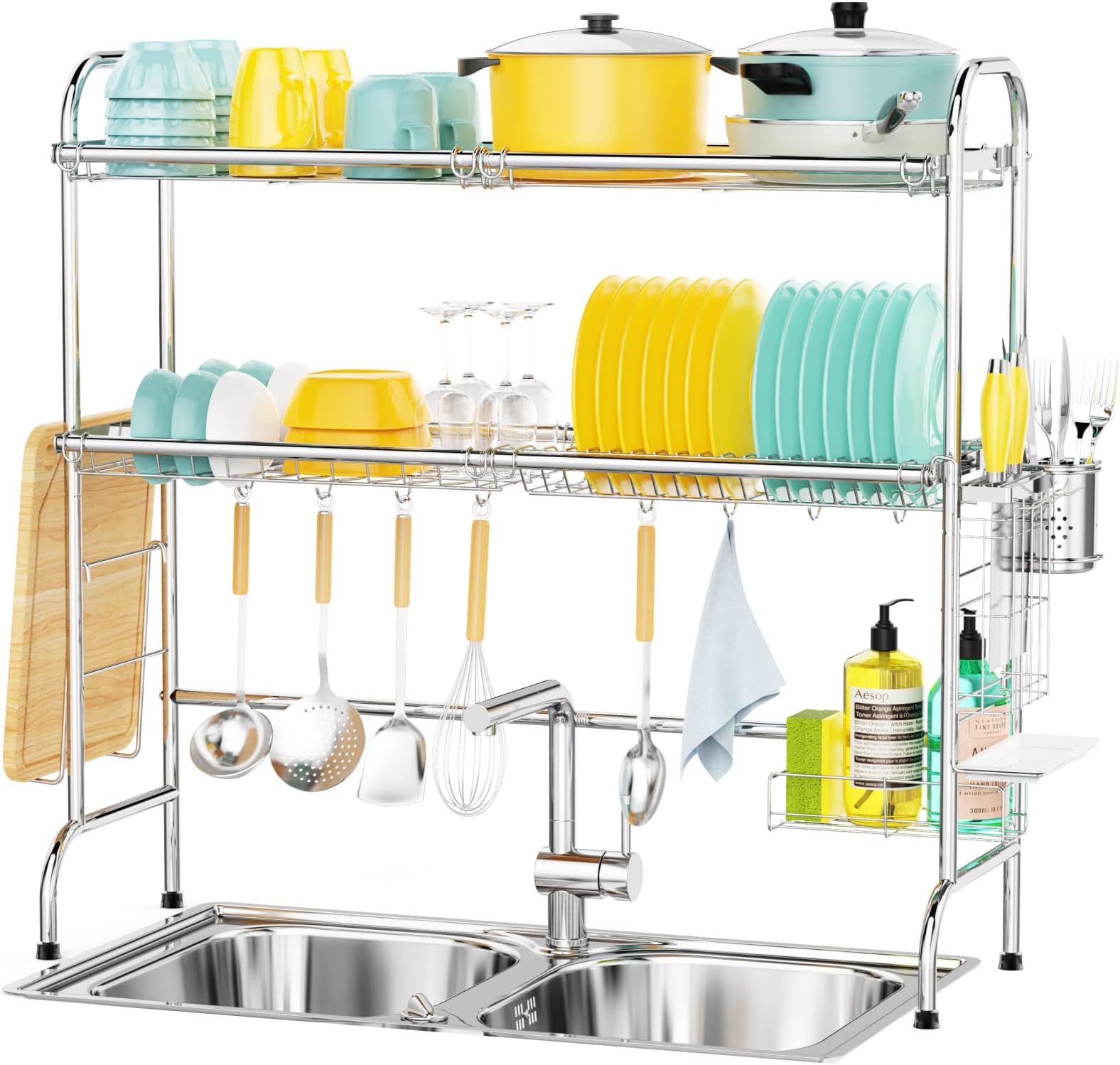Cambond Over The Sink Dish Drying Rack, 2 Tier Dish Drainer Shelf Large Stainless Steel Kitchen Storage Dryer Organizer with Utensils Holder for Kitchen Sink (Sink Size ≤ 32.2 inch) Silver