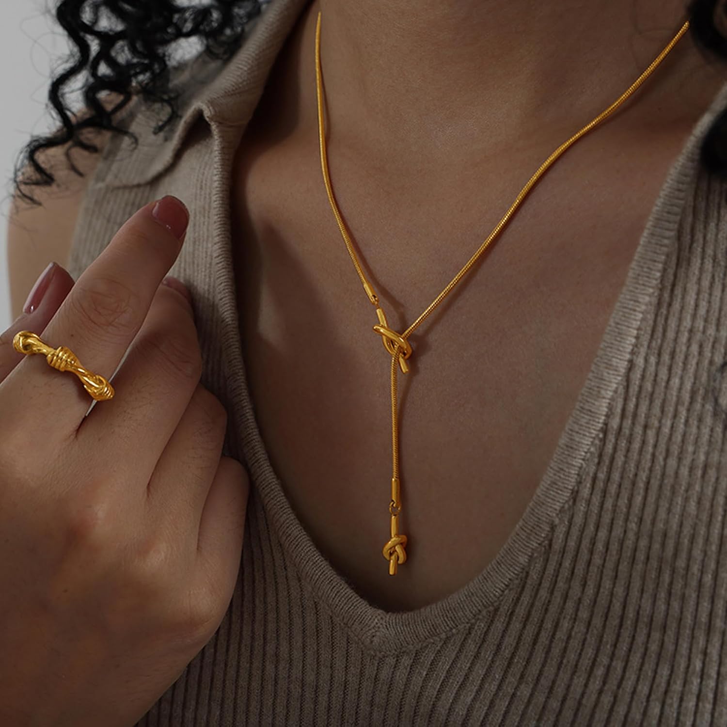 Lariat Long Gold Necklace for Women Knot Pendant Necklace Y-Shaped Statement Adjustable Jewelry - Image 4