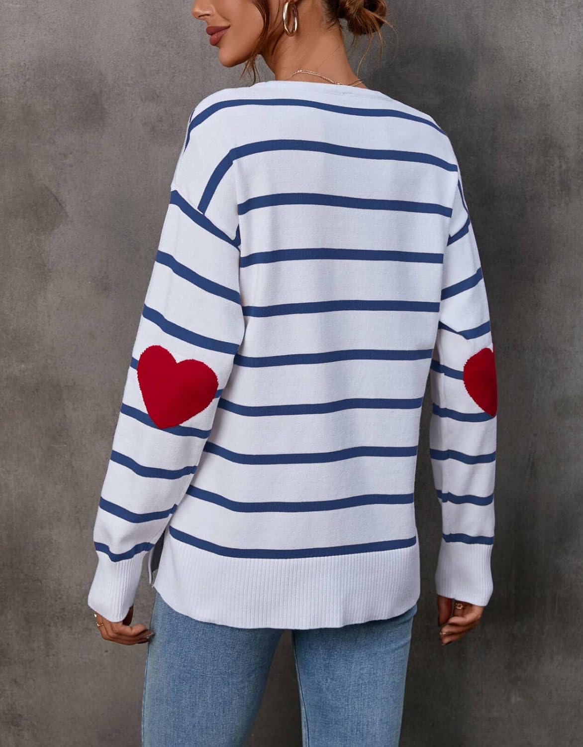 shermie Womens Stripes Sweaters Long Sleeve Crew Neck Casual Cute Heart Pullover Sweater - Image 3