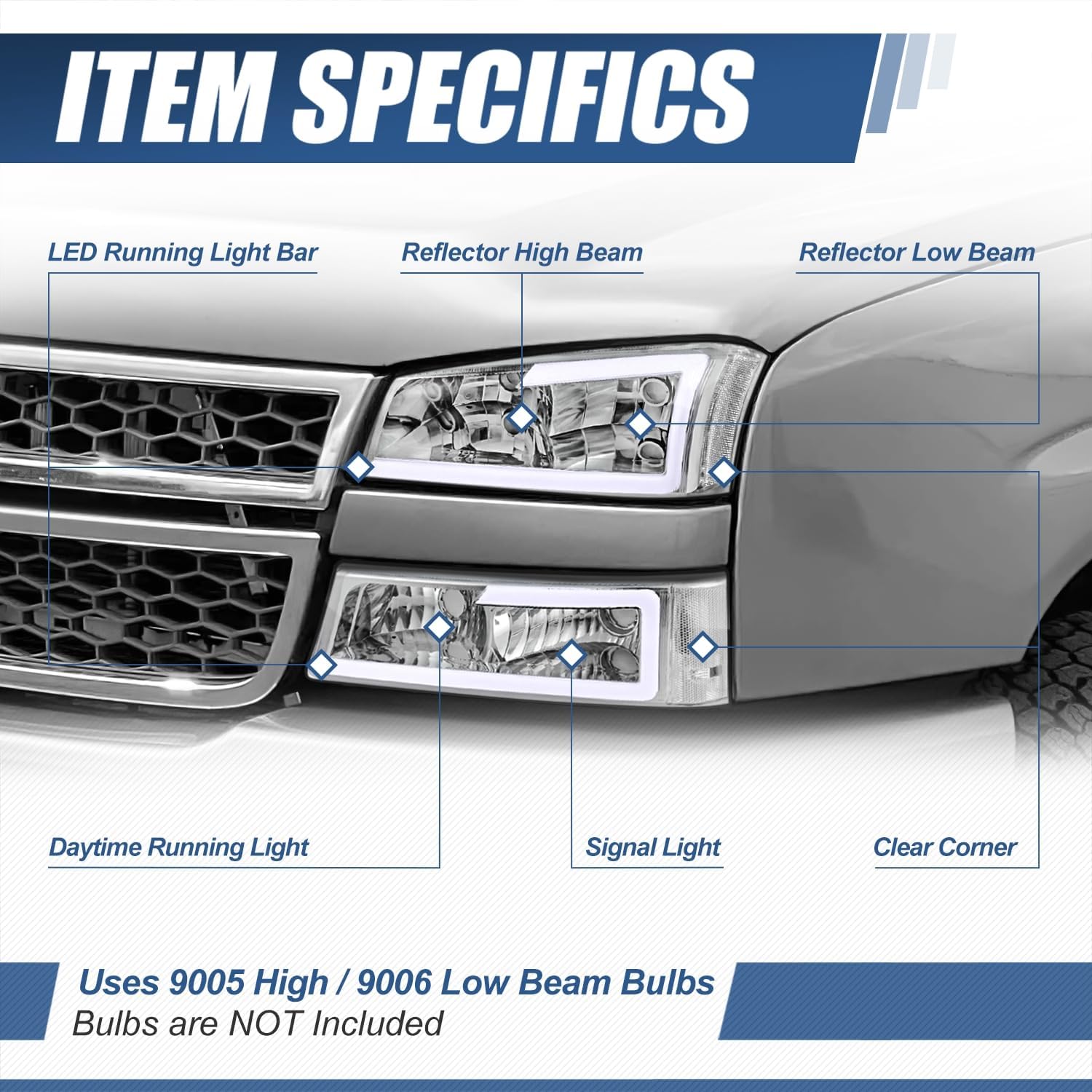 Auto Dynasty 4PCS LED DRL Headlight Lamps Compatible with Chevy Silverado Avalanche 1500 2500 3500 03 04 05 06 / Chevy Silverado Classic Models 07, Driver and Passenger Side, Chrome Housing Clear Lens