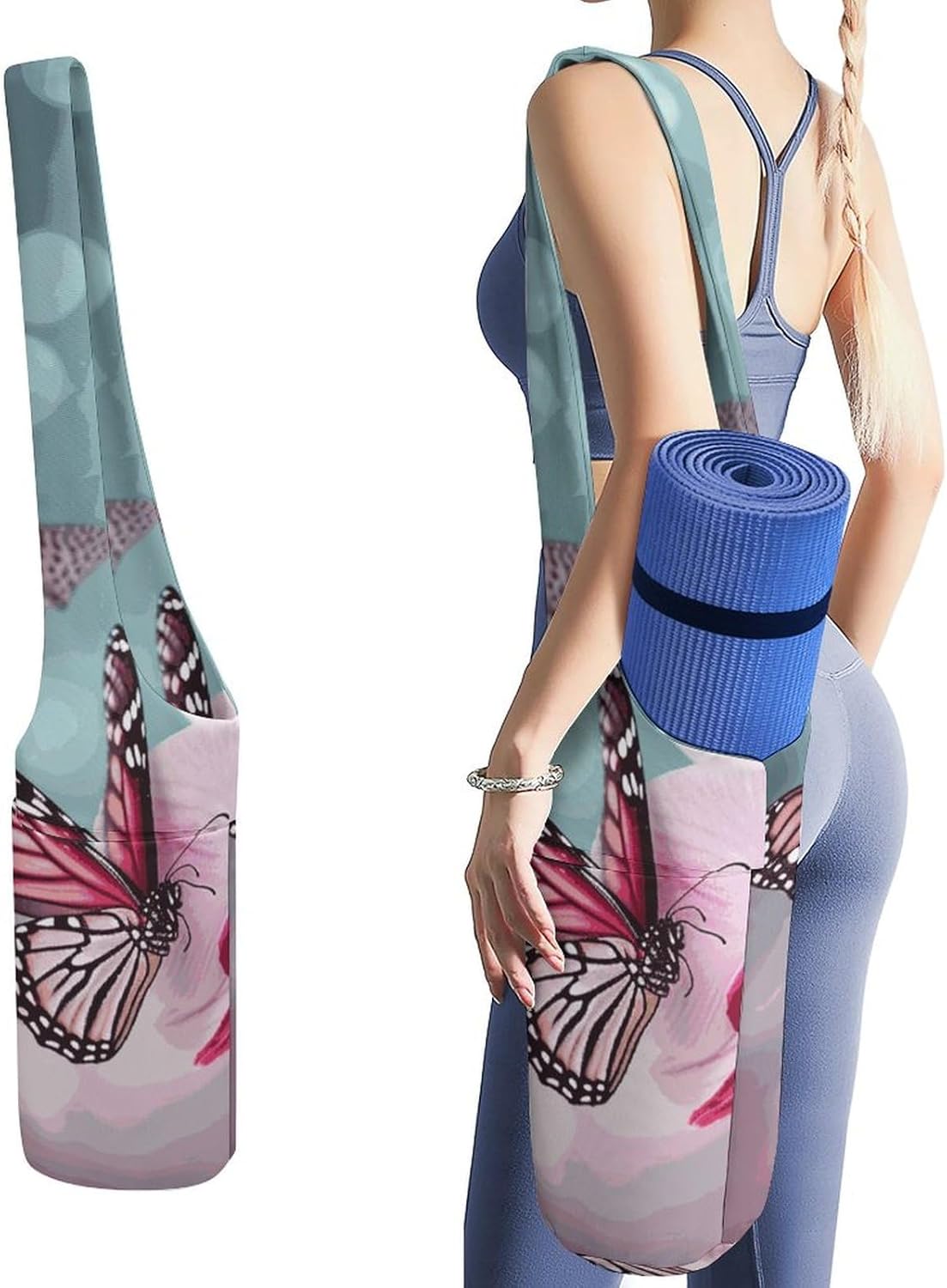 Orchid Flower Butterfly Yoga Mat Bag, Durable Canvas Yoga Mat Storage Bag with Water Bottle Pocket And Bottom Wet Bag, Fits Most Size Yoga Mats