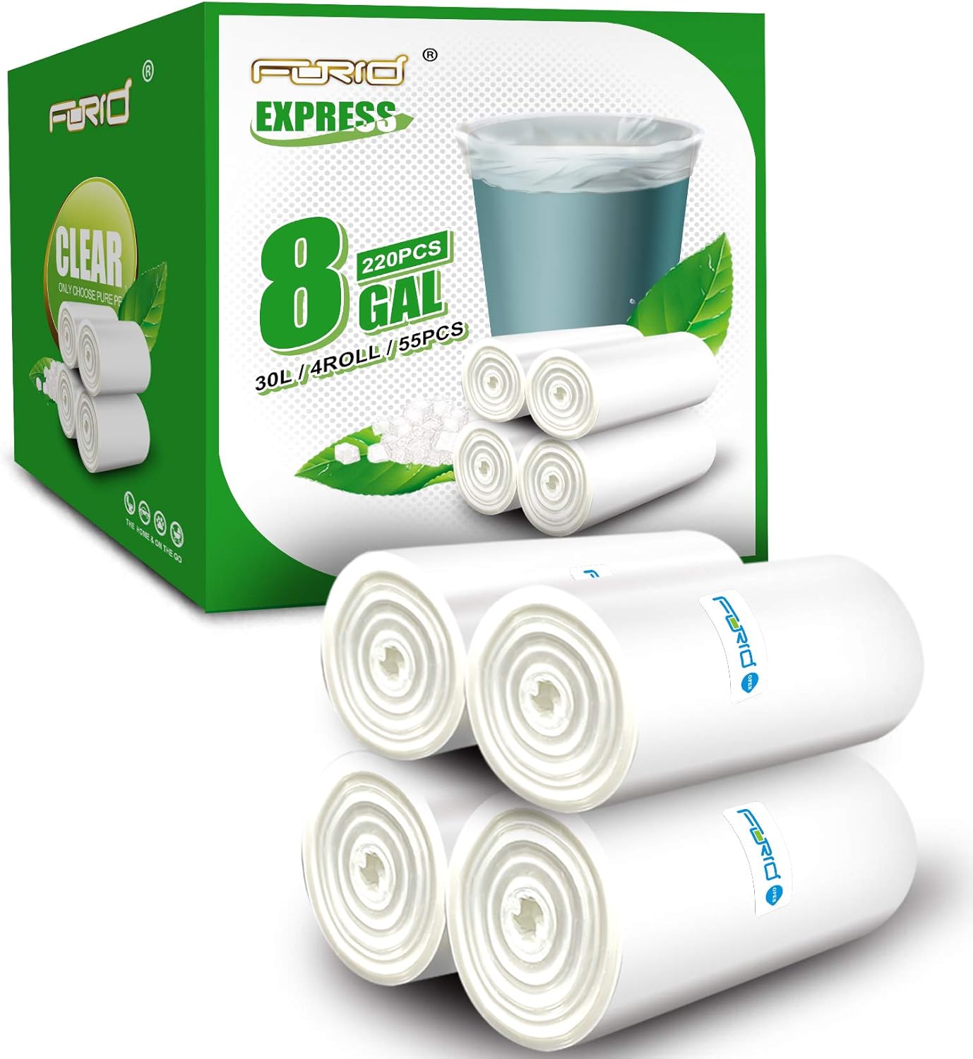 FORID Clear Trash Bags, 8 Gallon Garbage Bags, Wastebasket Bin Liners 220 Count Plastic Trash Bags for Bathroom Bedroom Office Garbage Can 30 Liters - Durable & Thick Trash Bag - Medium