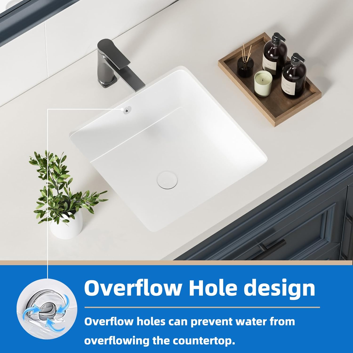 16 Inch Small Square White Undermount Bathroom Sink 16.15" x 16.15" Vanity Under Counter Basin Porcelain Rectangle Vessel Sink for Tiny Place Opening Size 14.17" x 14.17" Lavamanos Para Baños KINGWONG
