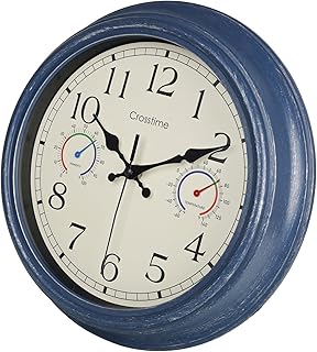 Outdoor Clock with Thermometer & Hygrometer – 12 Inch Waterproof Vintage Wall Clock for Patio, Garden, Pool,Bathroom Decor – Navy Blue