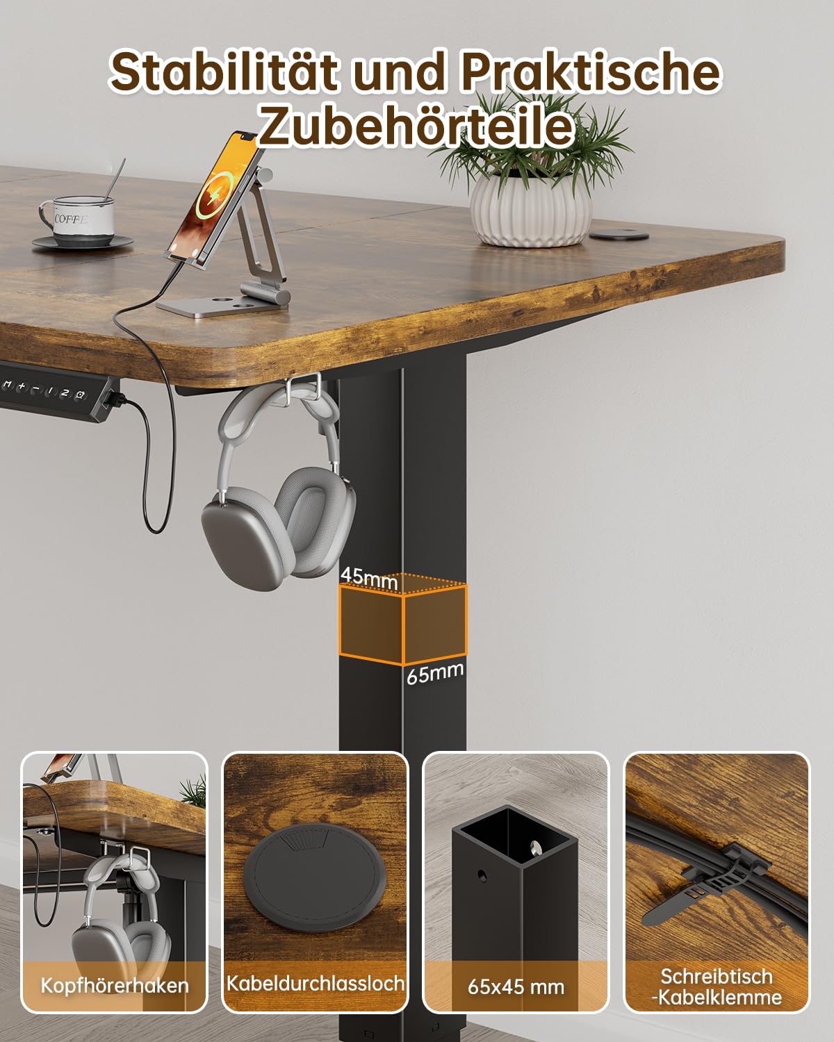 JUMMICO Höhenverstellbarer Elektrischer Schreibtisch 160 x 70 cm mit USB Ladeanschluss, Schreibtisch Höhenverstellbar, Ergonomischer Steh-Sitz Tisch Braun