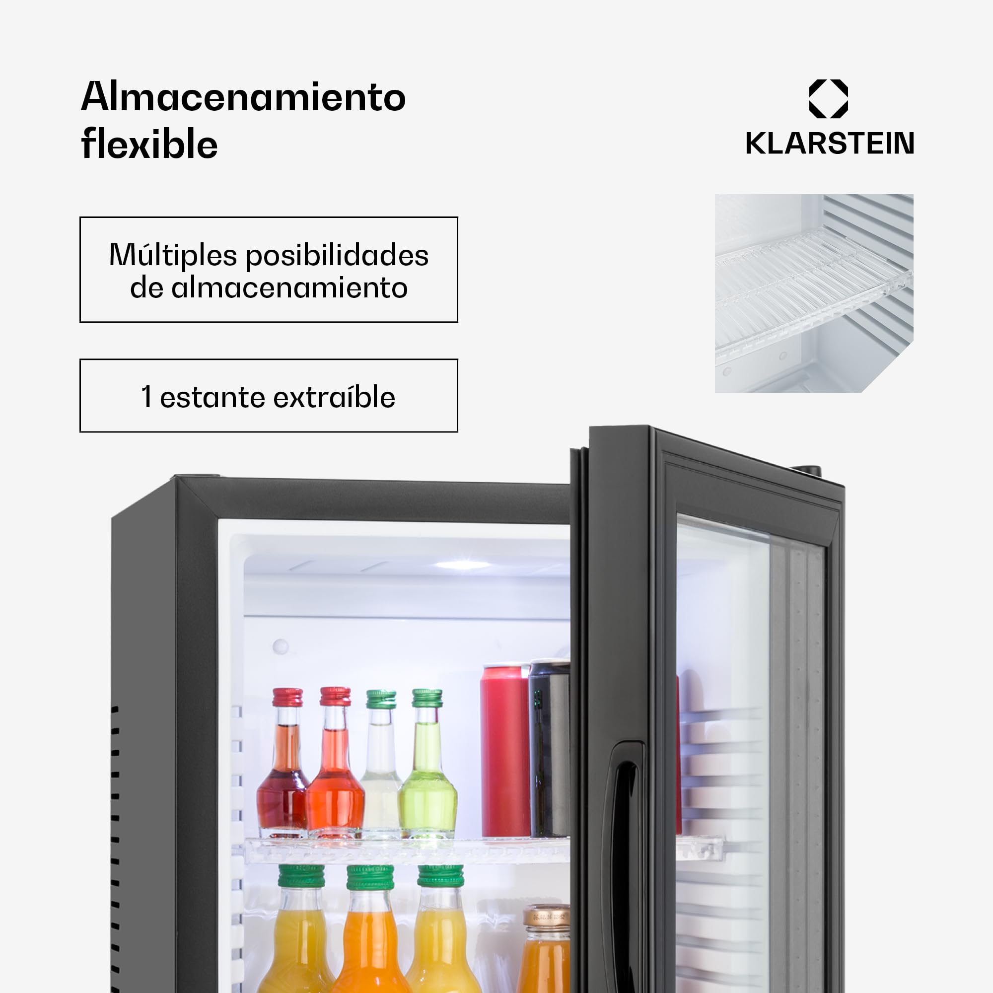 KLARSTEIN Brooklyn Nevera Pequeña Portatil Eléctrica Puerta Cristal, Mini Nevera Silenciosa para Casa y Oficina, Frigorificos Pequeños Refrescos, Cervezas, Estantes Extraíbles, Minibar 12-18°C, 30 l.