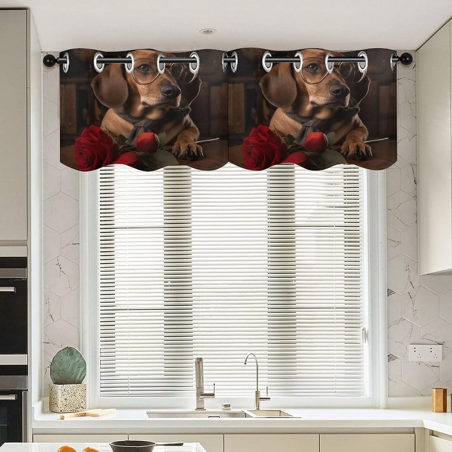 Dog Holding A Rose Curtain 2 Panels, Polyester Fiber, Blackout Insulated Window Curtain, Curtain Valance for Kitchen Dining Room Living Room Cafe Small Window 52 * 18.1 Inches