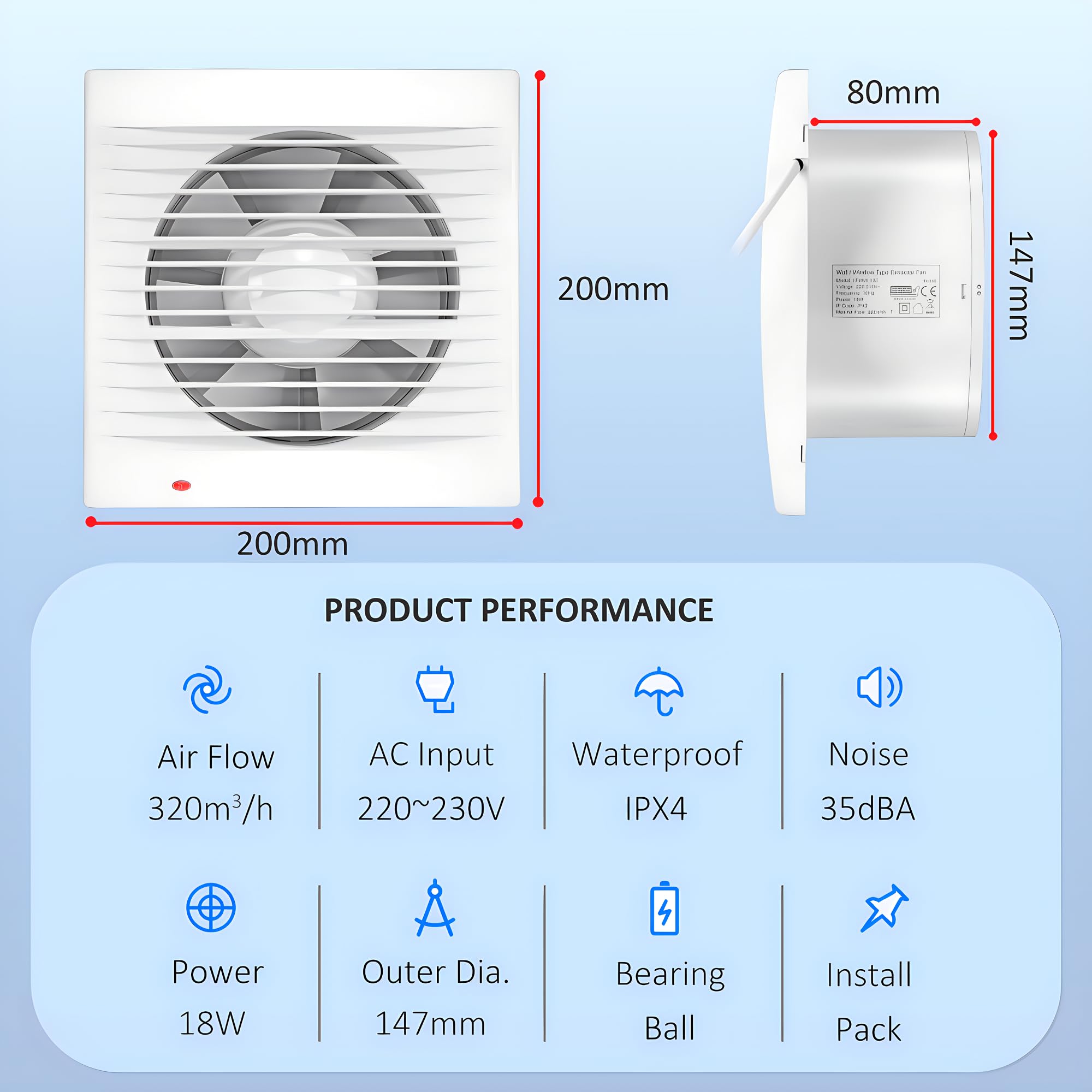 150mm Badlüfter Küche | 320m³/h, IPX2 Wasserdicht, Abluftventilator mit Rückstauklappe, 1m EU-Netzkabel, für Küche Bad Gewächshaus Garage