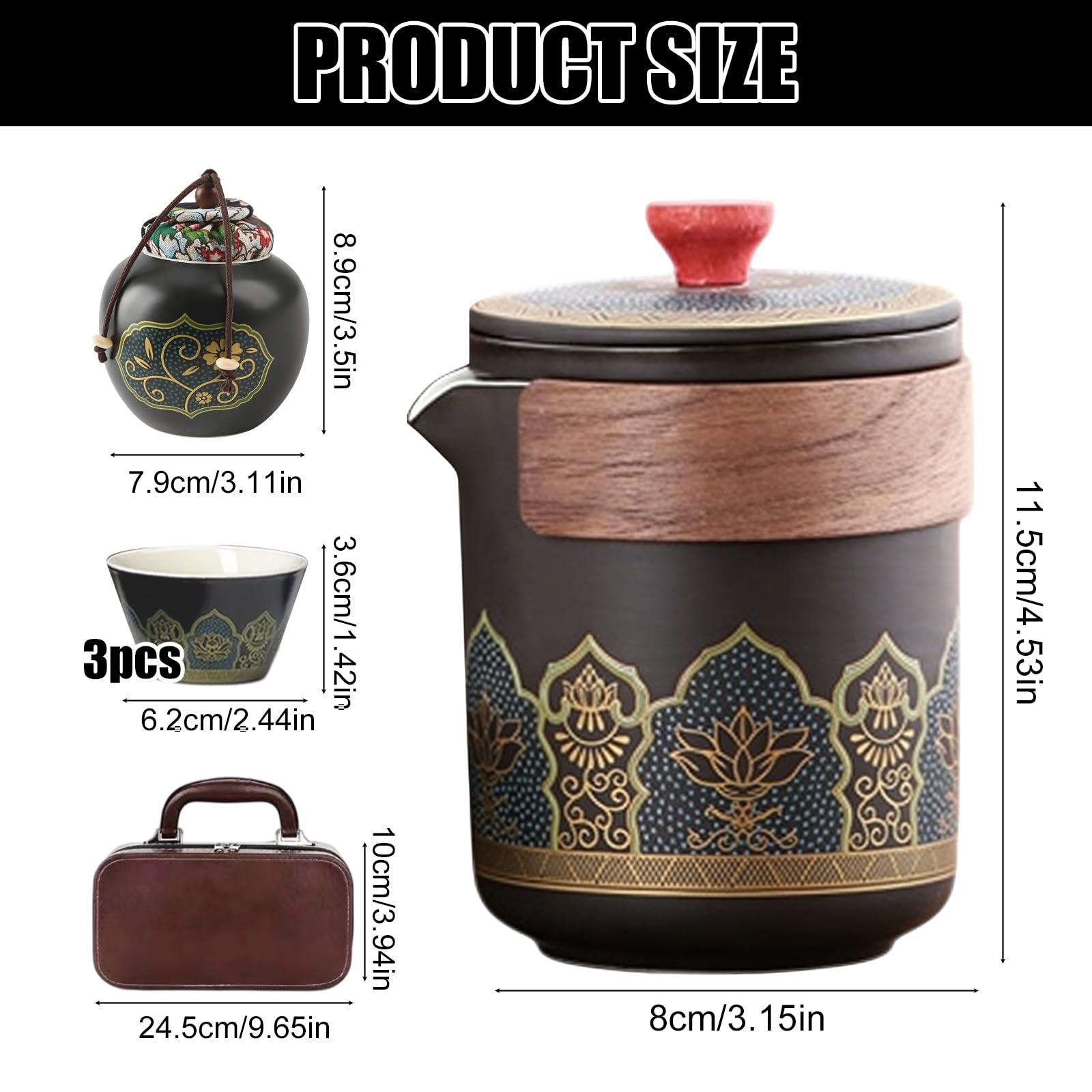 Set di teiera giapponese, da viaggio, portatile, servizio da tè giapponese, da viaggio in porcellana, 1 teiera (250 ml) + 3 tazze da tè (46 ml) + 1 contenitore da tè (180 ml), set da tè per ufficio