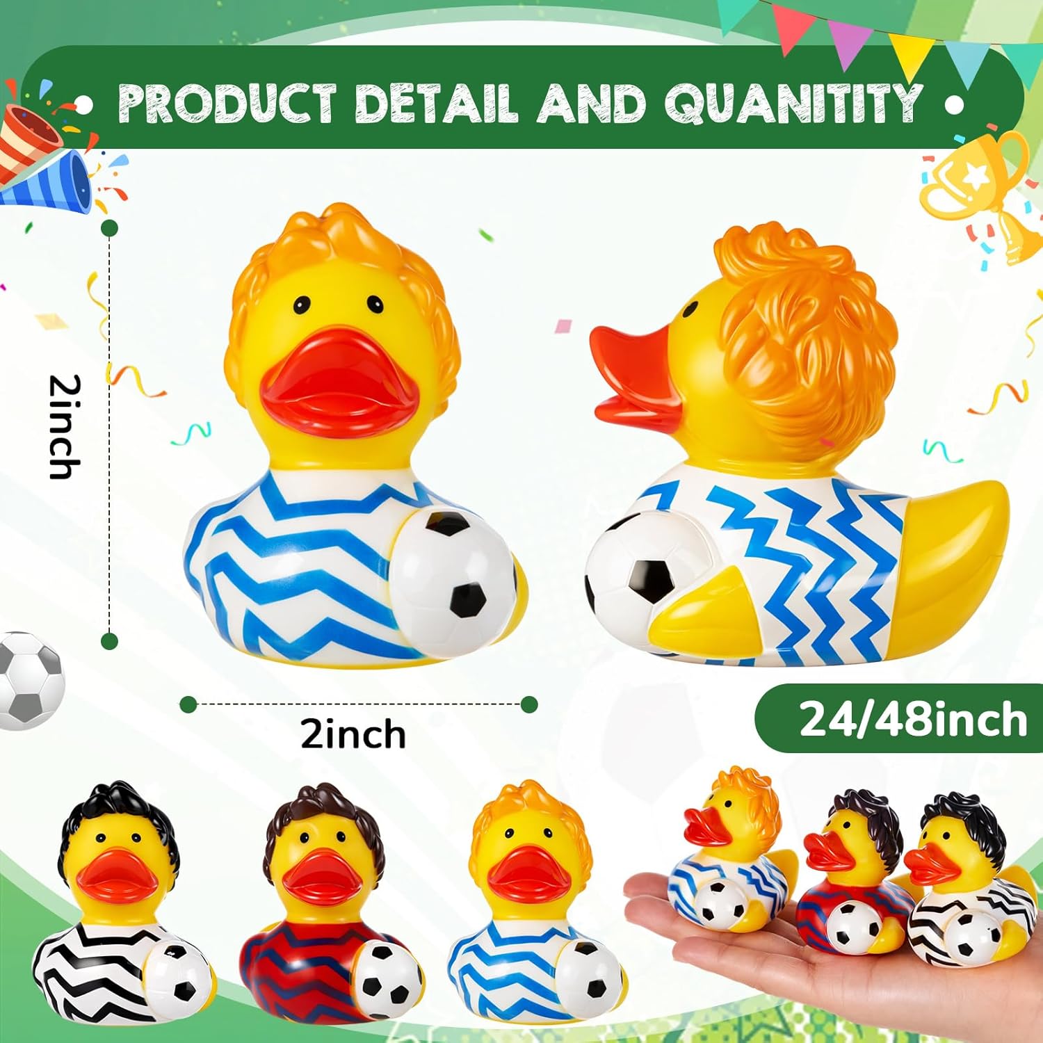 Deekin 24 Pcs Rubber Ducks 2 Inch Bulk Sport Party Favors for Team Events Decorations Birthday Party Supplies Club Player Gift (Soccer Player)