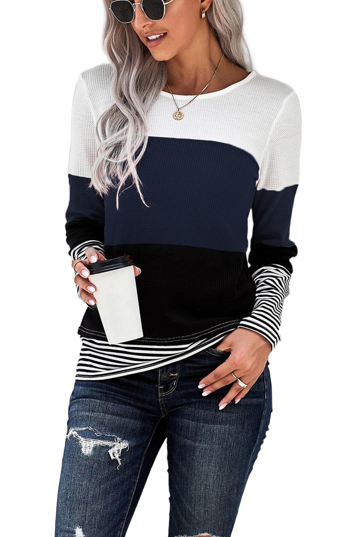 Long Sleeve Shirts for Women Casual Lightweight Sweaters Color Block Striped Tunic Tops